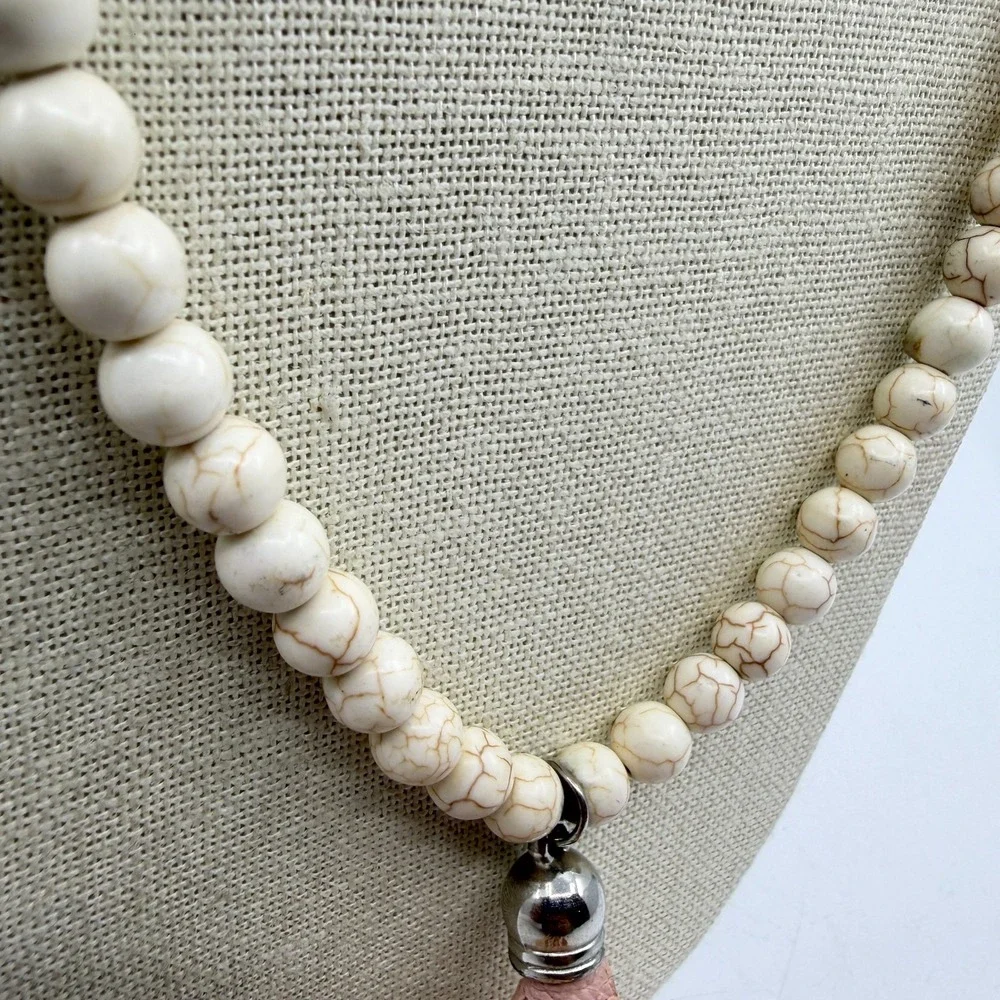 Boho White Howlite Bead Long Necklace Pink Faux Leather Tassel Statement